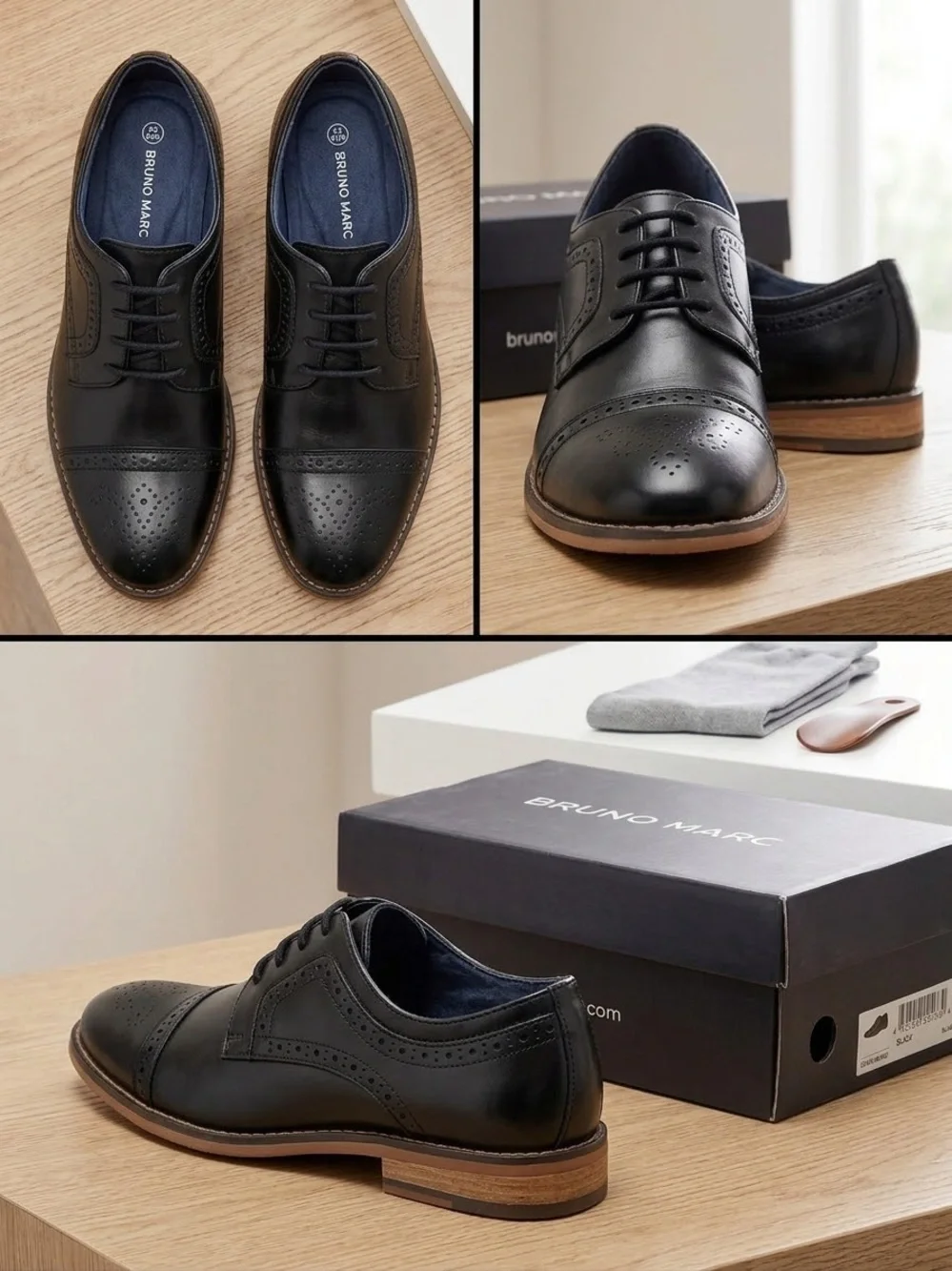 Black Boys' Leather Cap-Toe Dress Shoes by Bruno Marc